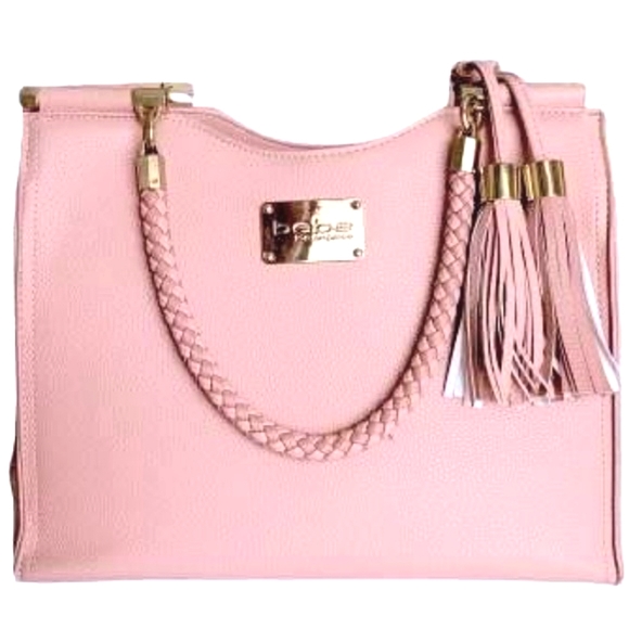 bebe Handbags - BEBE Pink Pebbled Faux Leather Double Tassel Satchel Tote Bag
